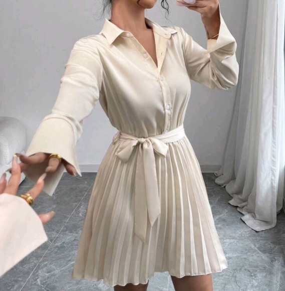 Dresses & Skirts - New Long Sleeve Shirt Dress With Pleated Hem Design, Commuting Elegant Stylish
